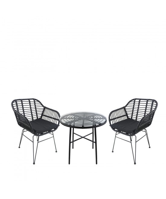Σετ Τραπεζαρία Κήπου ArteLibre APPIUS Μαύρο Μέταλλο/Rattan/Γυαλί Με 2 Καρέκλες 14990382