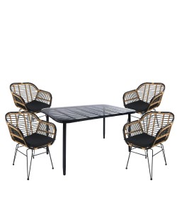 Σετ Τραπεζαρία Κήπου ArteLibre ANNIUS Μαύρο Μέταλλο/Rattan/Γυαλί Με 4 Καρέκλες 14990366