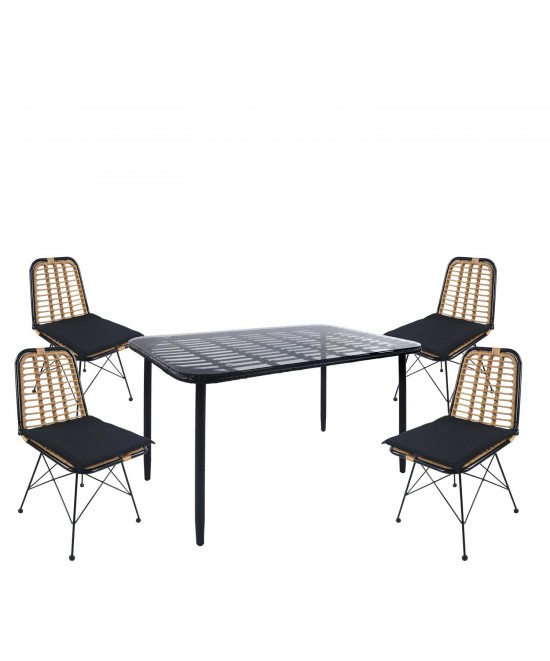 Σετ Τραπεζαρία Κήπου ArteLibre ANNIUS Μαύρο Μέταλλο/Rattan/Γυαλί Με 4 Καρέκλες 14990372 Σετ Τραπεζαρία Κήπου ArteLibre ANNIUS Μαύρο Μέταλλο/Rattan/Γυαλί Με 4 Καρέκλες 14990372