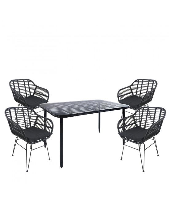 Σετ Τραπεζαρία Κήπου ArteLibre ANNIUS Μαύρο Μέταλλο/Rattan/Γυαλί Με 4 Καρέκλες 14990378 Σετ Τραπεζαρία Κήπου ArteLibre ANNIUS Μαύρο Μέταλλο/Rattan/Γυαλί Με 4 Καρέκλες 14990378