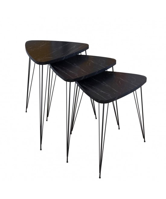 Τραπεζάκι Βοηθητικό ArteLibre FARAJI Μαύρο/Όψη Μαρμάρου Μοριοσανίδα/Μέταλλο 35x52cm Σετ 3Τμχ