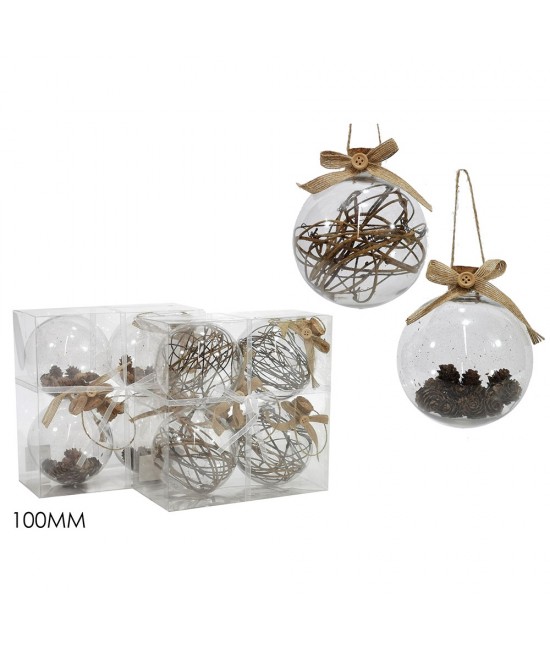 Μπάλα Με Κλαδιά/Κουκουνάρια Στο Εσωτερικό Διάφανο Γυαλί Φ10cm Σετ 4Τμχ Σε 2 Σχέδια