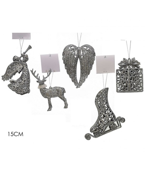 Στολίδι Κρεμαστό Με Glitter Ασημί Πλαστικό 15cm Σε 5 Σχέδια