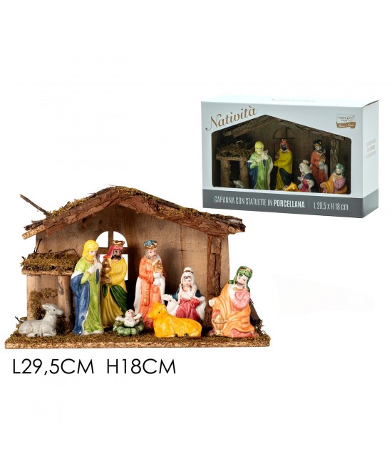 Φάτνη Με Πορσελάνινες Φιγούρες Πολύχρωμο Ξύλο 29.5x18cm 8Τμχ