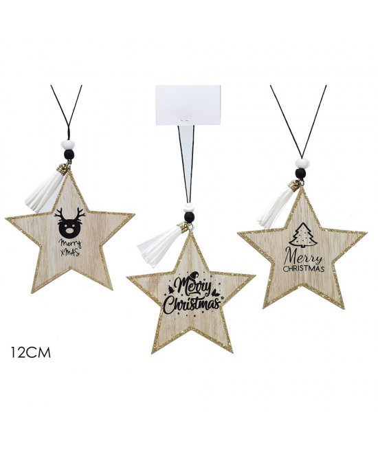 Στολίδι Κρεμαστό Αστέρι Με Χρυσό Glitter Φυσικό Ξύλο 12cm Σε 3 Σχέδια
