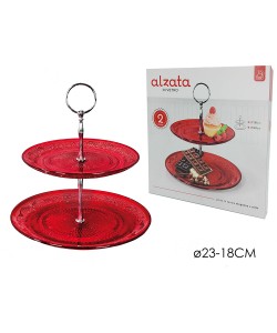 Τουρτιέρα Διώροφη Κόκκινο/Διάφανο Γυαλί Φ23/18cm