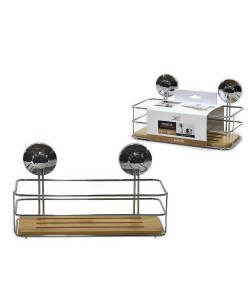 Ράφι Μπάνιου Με Βεντούζες Ασημί/Φυσικό Μέταλλο/Μπαμπού 26x13x14cm