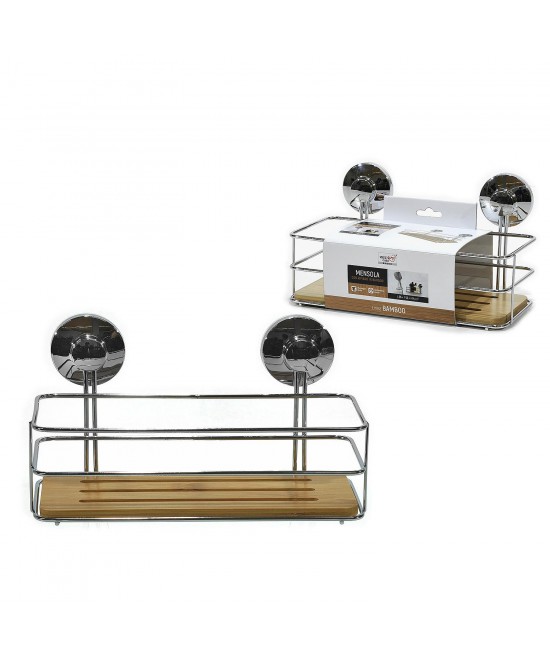 Ράφι Μπάνιου Με Βεντούζες Ασημί/Φυσικό Μέταλλο/Μπαμπού 26x13x14cm