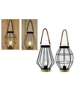 Φανάρι Με Χερούλι Σχοινιού Μαύρο/Φυσικό Μέταλλο/Ξύλο Φ14x23.5cm Μπαταρίας Σε 2 Σχέδια
