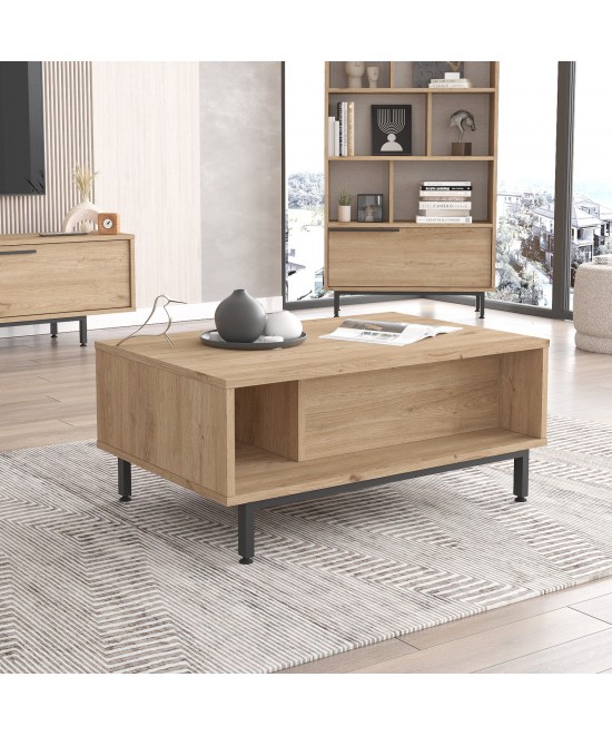 Τραπεζάκι Σαλονιού ArteLibre HUTTON Φυσικό Μοριοσανίδα/Μέταλλο 90x60x37.6cm