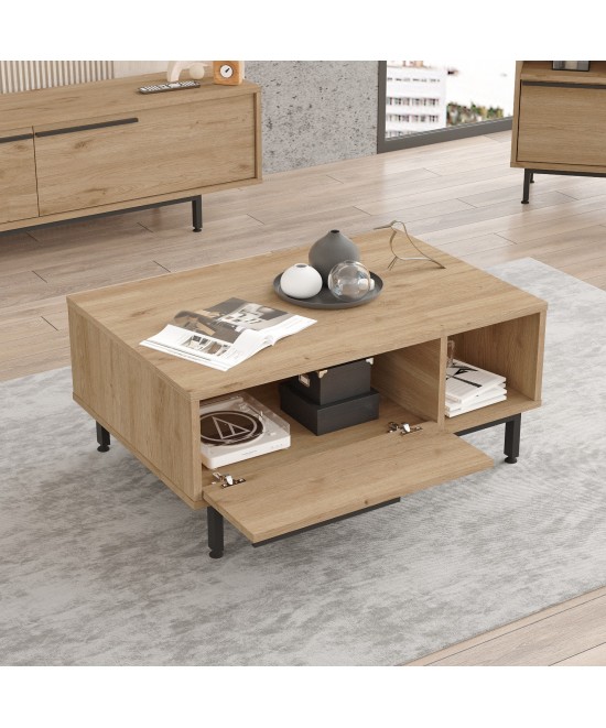 Τραπεζάκι Σαλονιού ArteLibre HUTTON Φυσικό Μοριοσανίδα/Μέταλλο 90x60x37.6cm