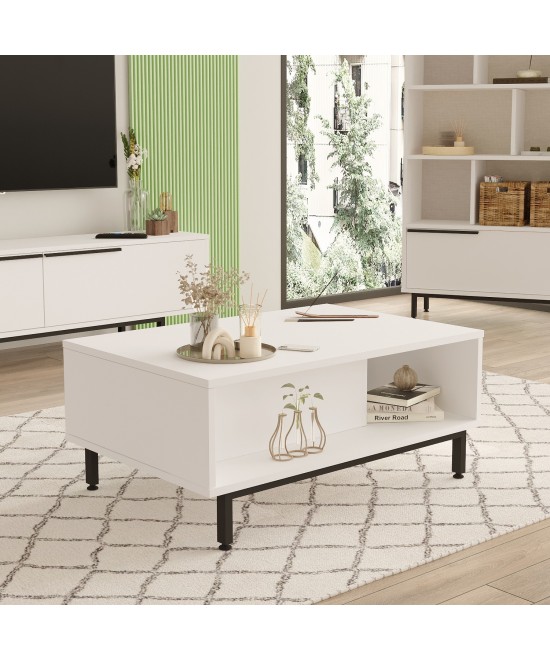 Τραπεζάκι Σαλονιού ArteLibre HUTTON Λευκό Μοριοσανίδα/Μέταλλο 90x60x37.6cm