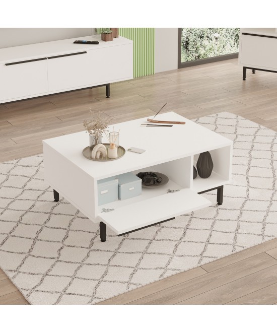 Τραπεζάκι Σαλονιού ArteLibre HUTTON Λευκό Μοριοσανίδα/Μέταλλο 90x60x37.6cm