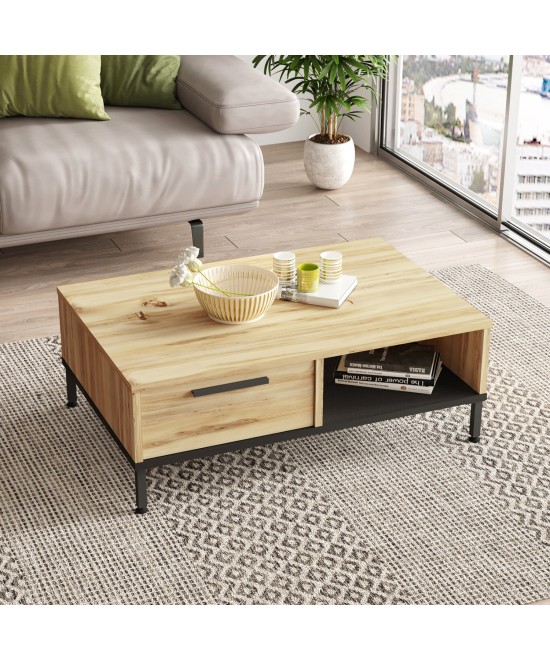 Τραπεζάκι Σαλονιού ArteLibre BALHAM Φυσικό/Μαύρο Μοριοσανίδα/Μέταλλο 90x60x31.5cm