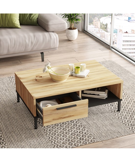 Τραπεζάκι Σαλονιού ArteLibre BALHAM Φυσικό/Μαύρο Μοριοσανίδα/Μέταλλο 90x60x31.5cm