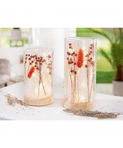 Θήκη Ρεσώ Με Αποξηραμένα Λουλούδια Φωτιζόμενη 10 LED Κρεμ Γυαλί 16cm