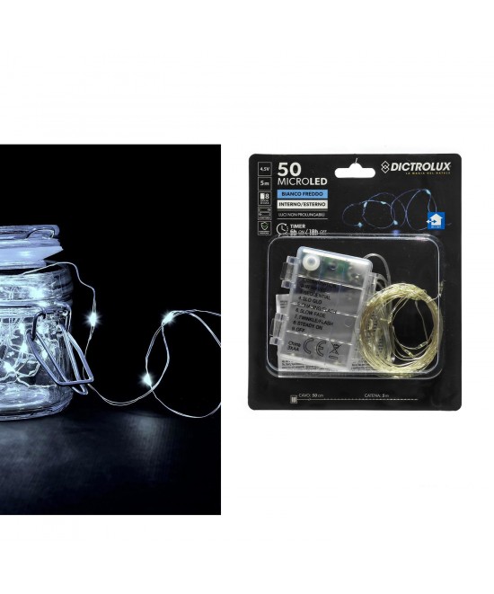 50 MicroLED Εσωτ. & Εξωτ. Χώρου Με 8 Προγράμματα Ψυχρό Λευκό Φως Διάφανο Καλώδιο Μη Επεκτεινόμενο IP44 Μπαταρίας 4.5V 5.
