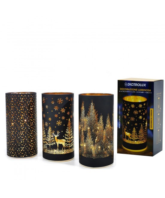 Δοχείο Με Χριστουγεννιάτικη Διακόσμηση Φωτιζόμενο Μαύρο 20.5cm Σε 3 Σχέδια