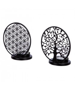 Κηροπήγιο Στρογγυλό 'Lebensbaum und Blume' Μοτίβο Δέντρο της Ζωής/Λουλούδι της Ζωής Γυαλί/Μέταλλο Μαύρο 8x23x22cm 2Τμχ
