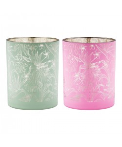 Ανεμοφωτιστικό Κυλινδρικό 'Tropic' Μοτίβο Φύλλου Γυαλί Πράσινο/Ροζ 2Τμχ 8x7cm