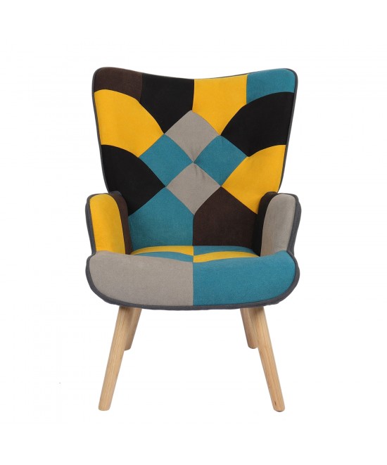 Πολυθρόνα ArteLibre BRIAR Κίτρινο/Μπλε Patchwork Ύφασμα/Ξύλο 73x69x96cm