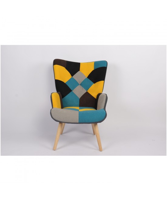 Πολυθρόνα ArteLibre BRIAR Κίτρινο/Μπλε Patchwork Ύφασμα/Ξύλο 73x69x96cm