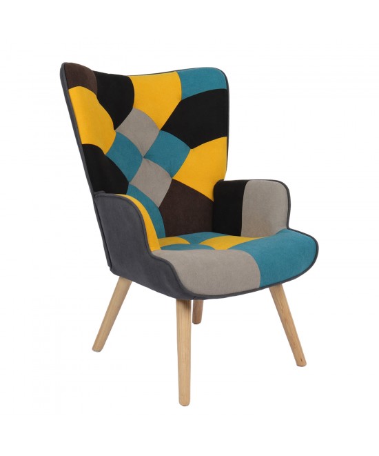 Πολυθρόνα ArteLibre BRIAR Κίτρινο/Μπλε Patchwork Ύφασμα/Ξύλο 73x69x96cm