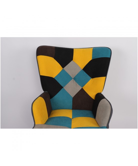Πολυθρόνα ArteLibre BRIAR Κίτρινο/Μπλε Patchwork Ύφασμα/Ξύλο 73x69x96cm