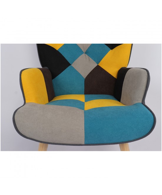 Πολυθρόνα ArteLibre BRIAR Κίτρινο/Μπλε Patchwork Ύφασμα/Ξύλο 73x69x96cm