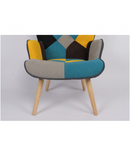 Πολυθρόνα ArteLibre BRIAR Κίτρινο/Μπλε Patchwork Ύφασμα/Ξύλο 73x69x96cm