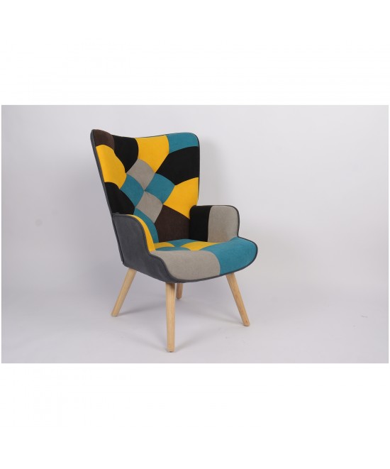Πολυθρόνα ArteLibre BRIAR Κίτρινο/Μπλε Patchwork Ύφασμα/Ξύλο 73x69x96cm