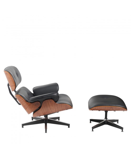 Πολυθρόνα Relax ArteLibre MIREN Με Υποπόδιο Μαύρο/Καφέ Ξύλο/PU 82x92x78cm
