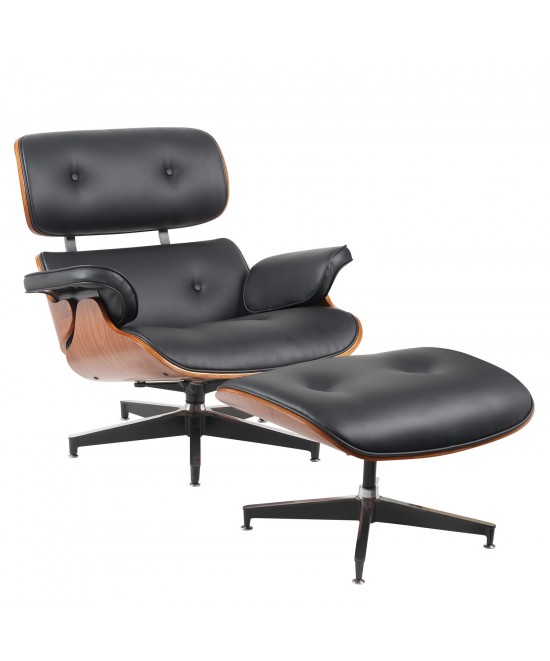 Πολυθρόνα Relax ArteLibre MIREN Με Υποπόδιο Μαύρο/Καφέ Ξύλο/PU 82x92x78cm