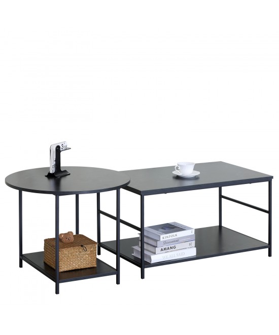 Τραπεζάκι Σαλονιού ArteLibre ROWDEN Μαύρο Μάρμαρο Μοριοσανίδα/Μέταλλο 60x60x50/80x47x45cm Σετ 2Τμχ