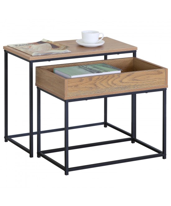 Τραπεζάκι Σαλονιού ArteLibre BELLINGTON Δρυς/Μαύρο Μοριοσανίδα/Μέταλλο 60x30x50/55x30x45cm Σετ 2Τμχ