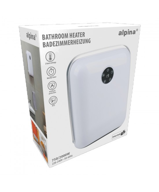Αερόθερμο Μπάνιου Επιτοίχιο Ψηφιακό Με Κρεμάστρα Πετσέτας Και Τηλεχειριστήριο Λευκό IP22 750/2000W ALPINA