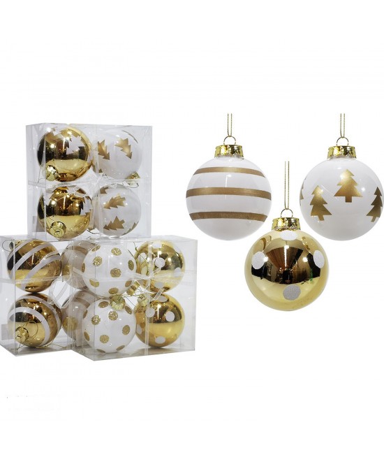 Χριστουγεννιάτικη Μπάλα Λευκό/Χρυσό 100mm Σετ 4Τμχ Σε 3 Σχέδια