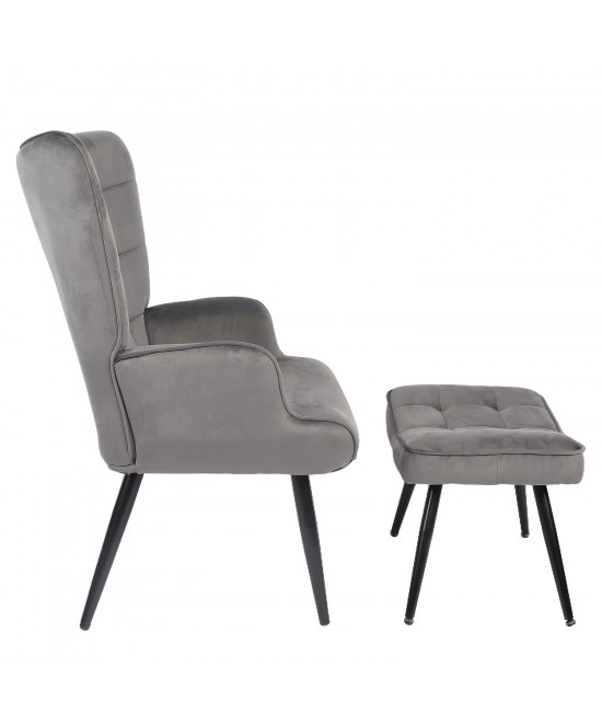 Πολυθρόνα Μπερζέρα Με Υποπόδιο ArteLibre LENNOX Γκρι Βελούδο/Ξύλο 96x68x73cm