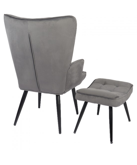 Πολυθρόνα Μπερζέρα Με Υποπόδιο ArteLibre LENNOX Γκρι Βελούδο/Ξύλο 96x68x73cm