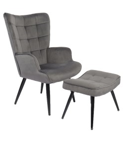 Πολυθρόνα Μπερζέρα Με Υποπόδιο ArteLibre LENNOX Γκρι Βελούδο/Ξύλο 96x68x73cm