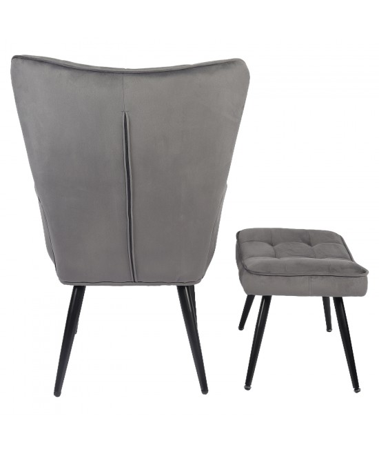 Πολυθρόνα Μπερζέρα Με Υποπόδιο ArteLibre LENNOX Γκρι Βελούδο/Ξύλο 96x68x73cm