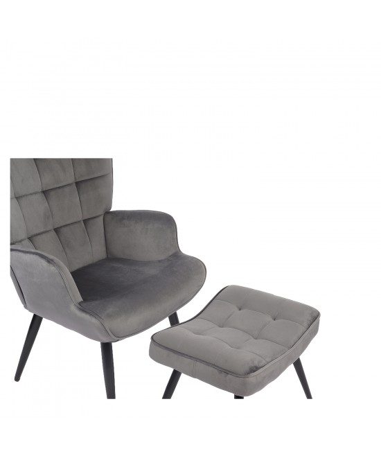 Πολυθρόνα Μπερζέρα Με Υποπόδιο ArteLibre LENNOX Γκρι Βελούδο/Ξύλο 96x68x73cm