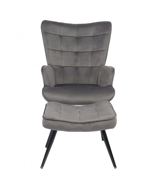 Πολυθρόνα Μπερζέρα Με Υποπόδιο ArteLibre LENNOX Γκρι Βελούδο/Ξύλο 96x68x73cm