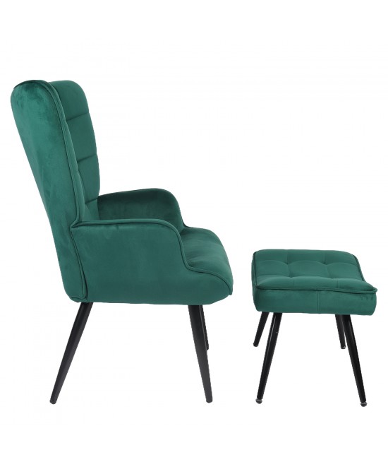 Πολυθρόνα Μπερζέρα Με Υποπόδιο ArteLibre LENNOX Πράσινο Βελούδο/Ξύλο 96x68x73cm