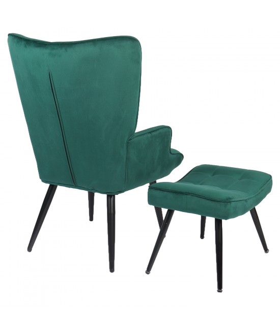 Πολυθρόνα Μπερζέρα Με Υποπόδιο ArteLibre LENNOX Πράσινο Βελούδο/Ξύλο 96x68x73cm