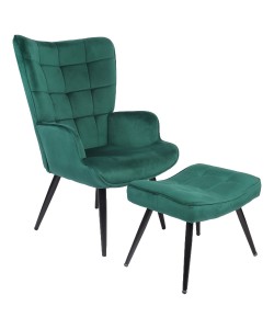 Πολυθρόνα Μπερζέρα Με Υποπόδιο ArteLibre LENNOX Πράσινο Βελούδο/Ξύλο 96x68x73cm