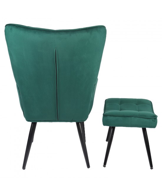 Πολυθρόνα Μπερζέρα Με Υποπόδιο ArteLibre LENNOX Πράσινο Βελούδο/Ξύλο 96x68x73cm
