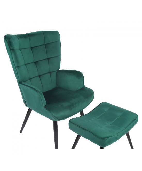 Πολυθρόνα Μπερζέρα Με Υποπόδιο ArteLibre LENNOX Πράσινο Βελούδο/Ξύλο 96x68x73cm