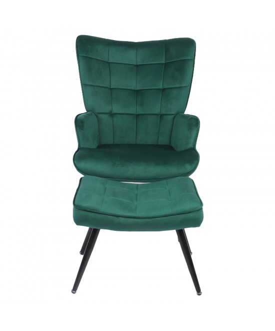 Πολυθρόνα Μπερζέρα Με Υποπόδιο ArteLibre LENNOX Πράσινο Βελούδο/Ξύλο 96x68x73cm