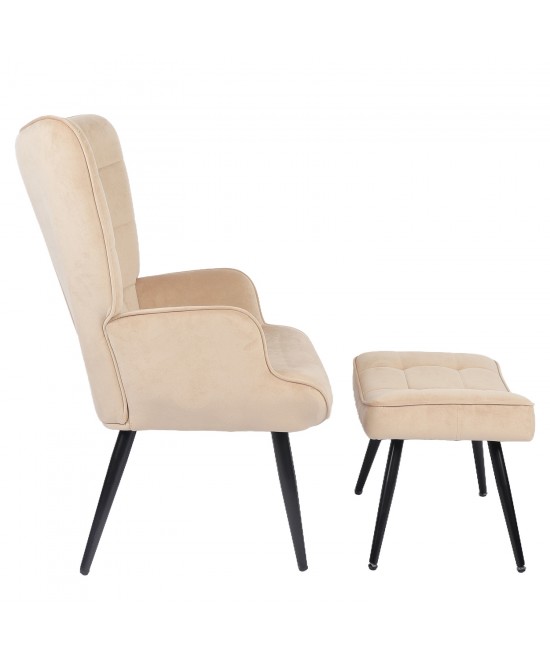 Πολυθρόνα Μπερζέρα Με Υποπόδιο ArteLibre LENNOX Μπεζ Βελούδο/Ξύλο 96x68x73cm